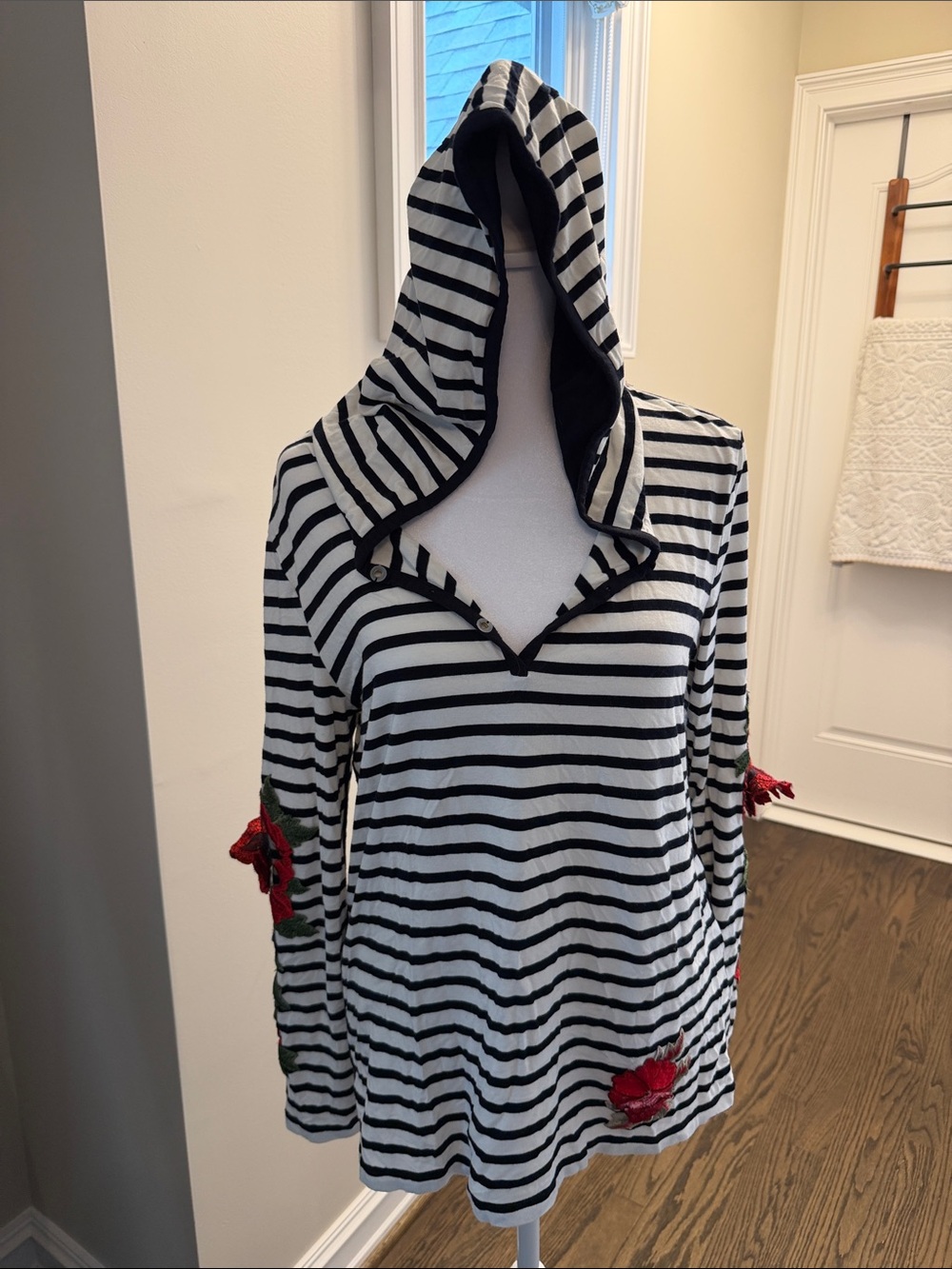 Tricotto Black and White Striped Hooded Tunic with Red Floral Appliqué